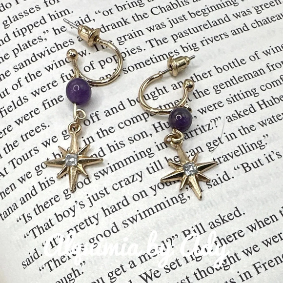 Amethyst dangle long stars statement earrings/Crown chakra - Picture 2 of 5